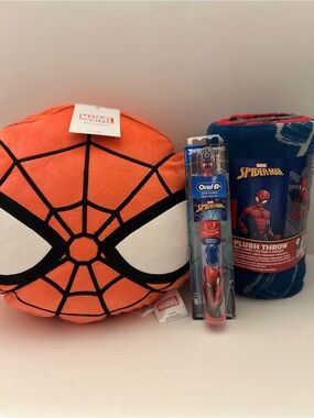 Marvel Spider-Man Plush Throw Blanket squish pillow and toothbrush bundle NWT
